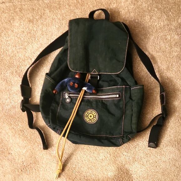 Kipling Dark Green Nylon Mini Drawstring Backpack w/ Gorilla Keychain - Picture 1 of 12